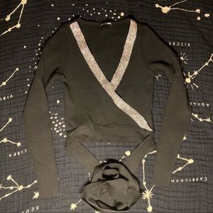 Ribbed Rhinestone Detail Black Top